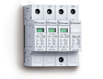Устройство защиты от импульсных перенапряжений УЗИП тип 1 (3 варистора + 1 искровый разрядник); модульный, ширина 70мм; степень защиты IP20