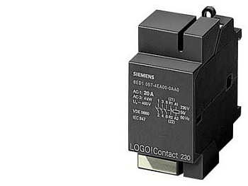 LOGO! CONTACT 230: МОДУЛЬ КОММ.КВТАЦИИ 3-ФАЗНЫХ ЦЕПЕЙ ПЕРЕМЕННОГО ТОКА: 3 ГЛАВНЫХ И 1 ВСПОМОГАТЕЛЬНЫЙ КОНТАКТ; ДО ~400В; АКТИВНАЯ НАГРУЗКА ДО 20 A ИЛИ ДВИГАТЕЛЬ МОЩНОСТЬЮ ДО 4 КВТ; РАБОЧЕЕ НАПРЯЖЕНИЕ ОБМОТКИ УПРАВЛЕНИЯ ~230 В